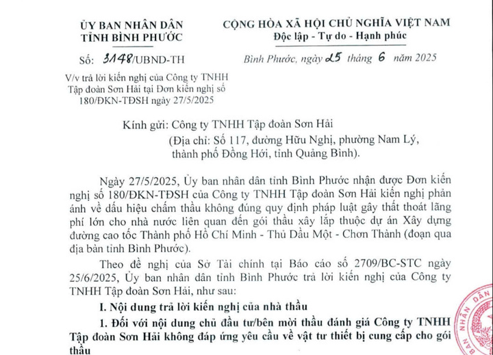 Tỉnh Bình Phước khẳng định chấm thầu đúng quy định, bác kiến nghị của Tập đoàn Sơn Hải - Ảnh 1
