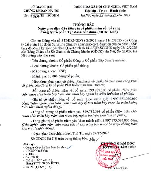 Gần 600 triệu cổ phiếu bổ sung của Sunshine Group được giao dịch từ 24/12 - Ảnh 1