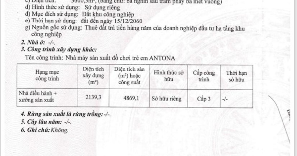 Bán 4869m2 đất xưởng và nhà điều hành.Nhà máy SX đồ chơi tại KCN Lương Sơn.Thời hạn SD 2060