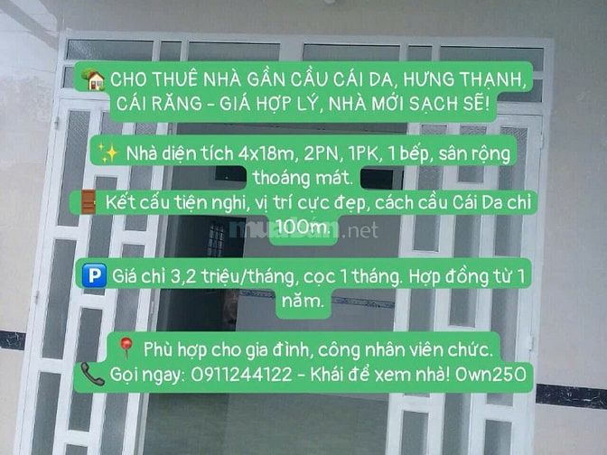 Cho thuê nhà 2 phòng ngủ gần cầu Cái Da