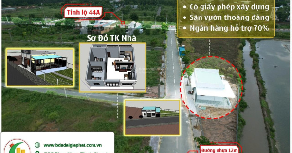 Nhà mới xây DT: 350m2, giá rẻ: 1 tỷ 950 triệu. Gần đường TL 44A-An Ngãi. 45m mặt tiền đường nhựa