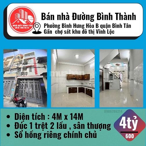 NHÀ KDC VĨNH LỘC BÌNH TÂN : 4X14 SHR 3LẦU ĐÚC